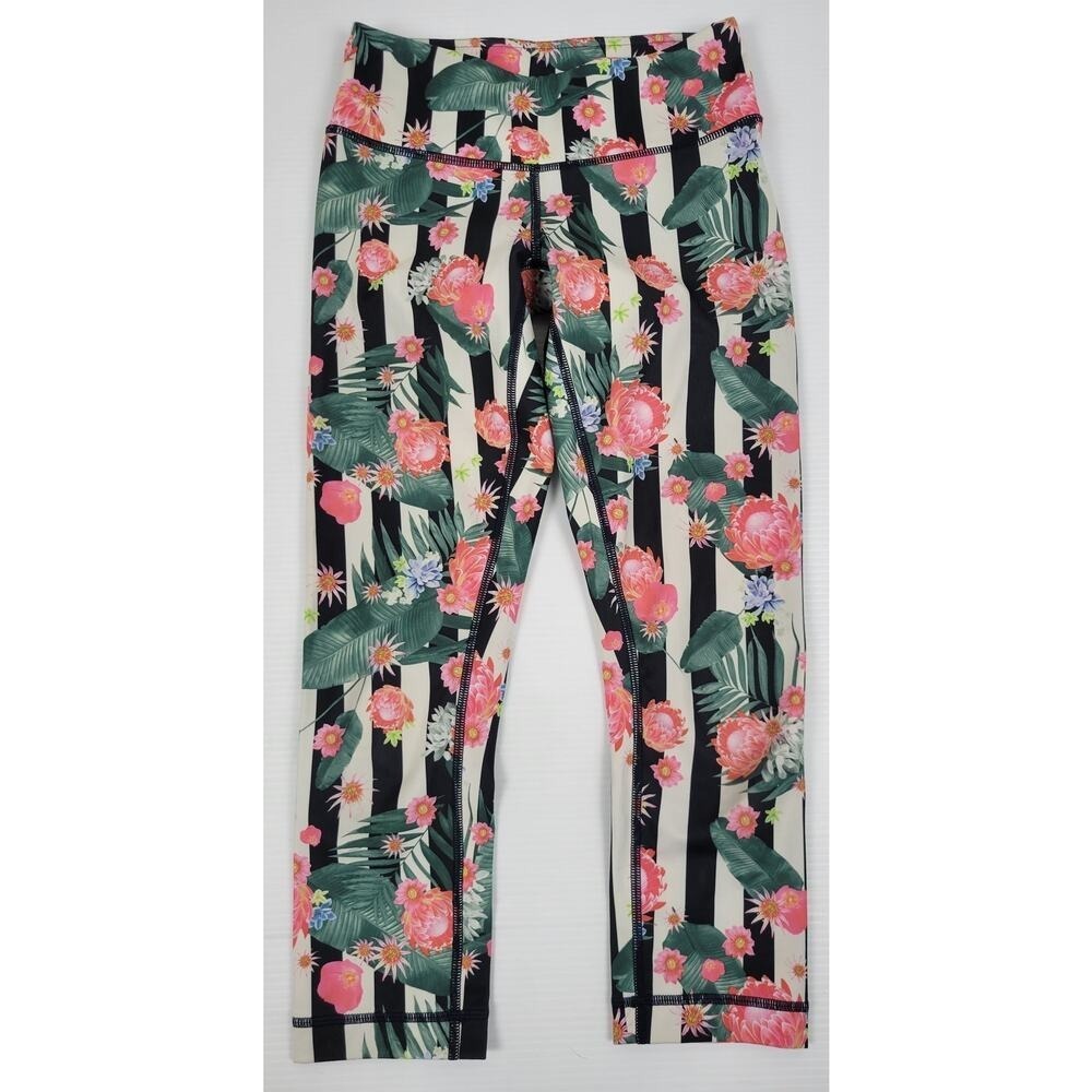 Lululemon Wunder Under Womens 2 Floral Black White Stripe Crop Yoga Leggings